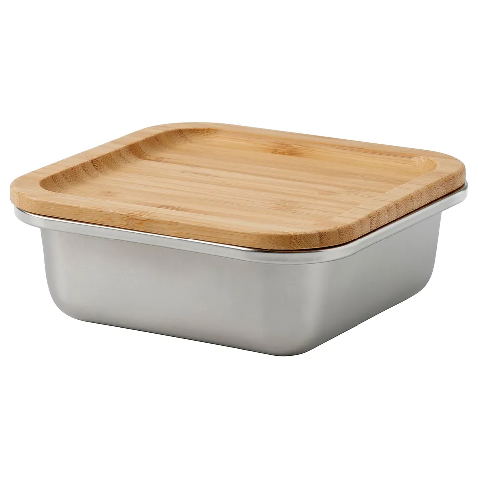 IKEA 365+ square stainless steel food container with bamboo lid, perfect for storing and reheating food.