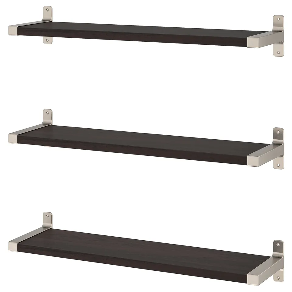 Three black wall shelves with silver brackets, arranged vertically, simple and modern design.