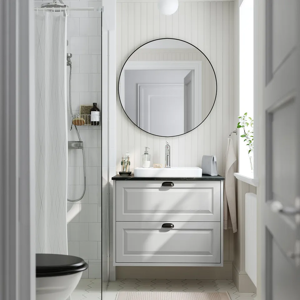 TÄNNFORSEN / ORRSJÖN Wash-stnd w drawers/wash-basin, light grey/black marble effect, 82x49x71 cm