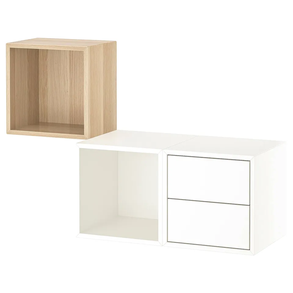 Wooden and white shelves, square shape, modern design.
