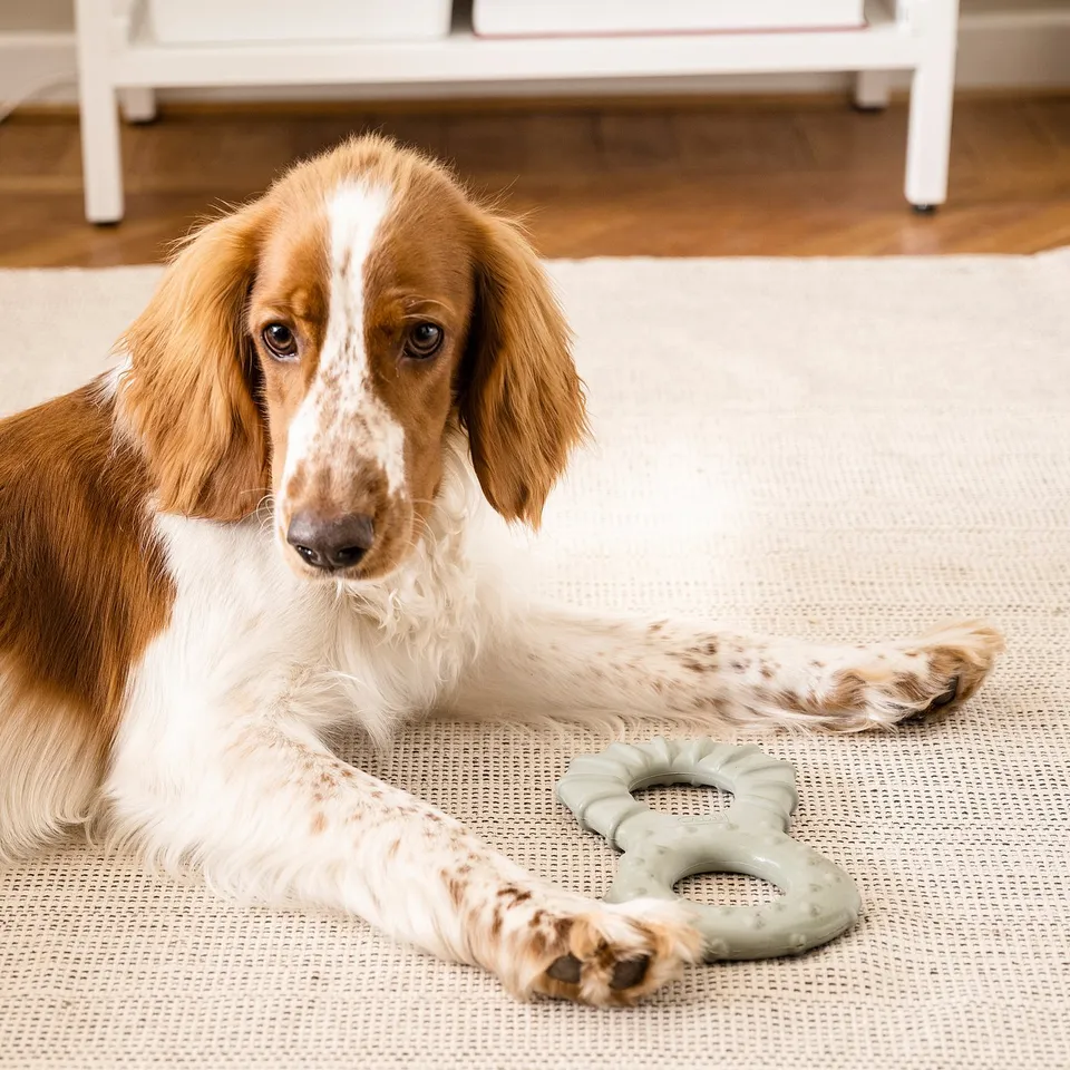 Brown and white puppy lying on beige rug beside green dog toy.