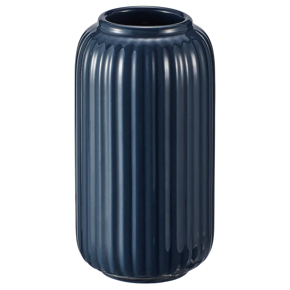 STILREN blue ceramic vase, ribbed design, tall, round shape.