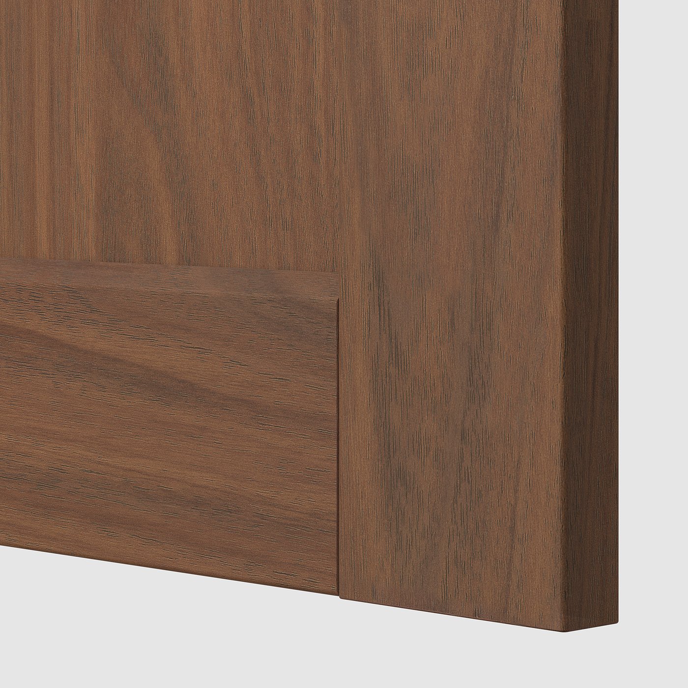 Dark brown wooden cabinet detail; smooth, polished surface; sleek edges.