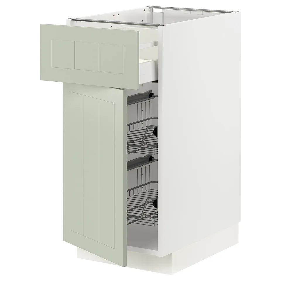 METOD kitchen cabinet, green, white, modern design, removable door, wire baskets.