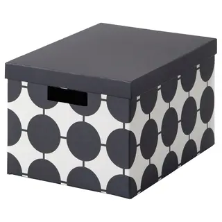 TJENA storage box with lid, white black/dotted, Length 35 x Width 25 x Height 20 cm