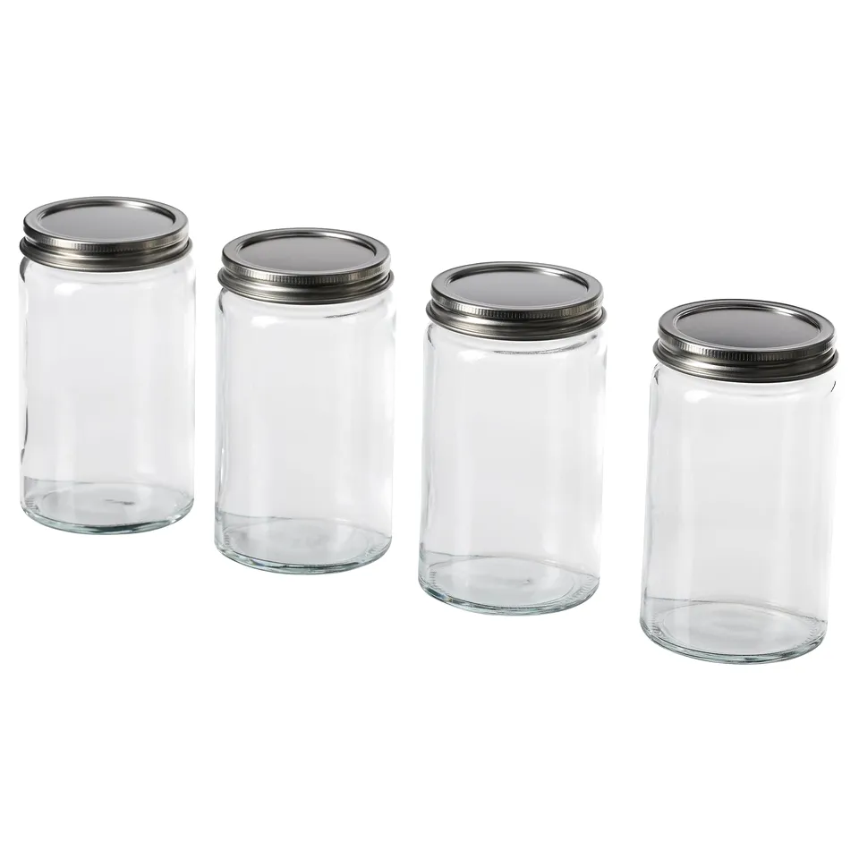 Four transparent CITRONHAJ spice jars with silver lids lined up in a row.