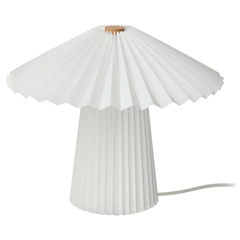KUDDLAVA lamp, white, plastic and wood, pleated design, scandinavian style.