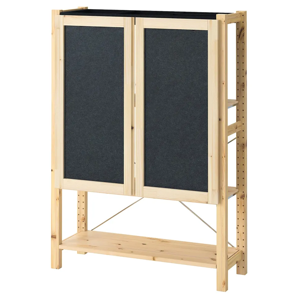 IVAR storage unit, light wood frame, dark grey felt doors, open shelf, simple and versatile design.