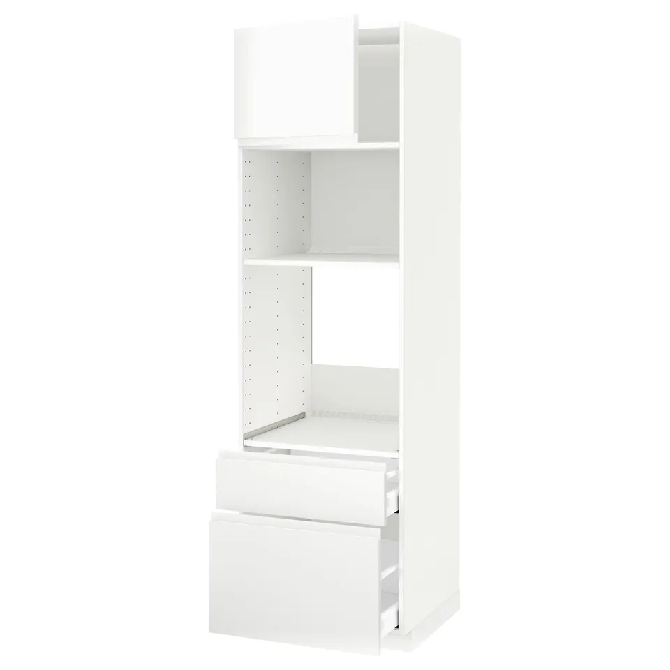 A white METOD kitchen unit with drawers and open shelves. Minimalist and modern design, made from particleboard and fiberboard with plastic details.