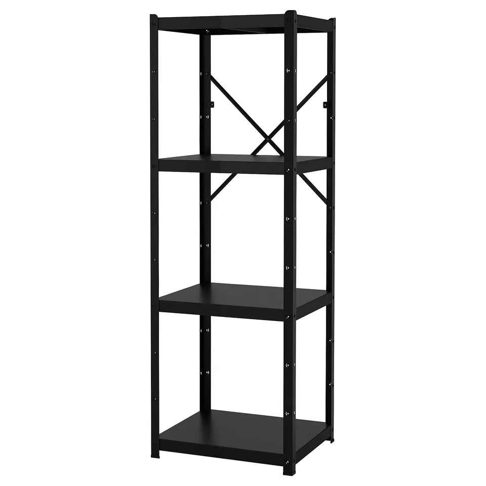A black, three-tiered metal shelving unit, BROR, with a sturdy and versatile design.