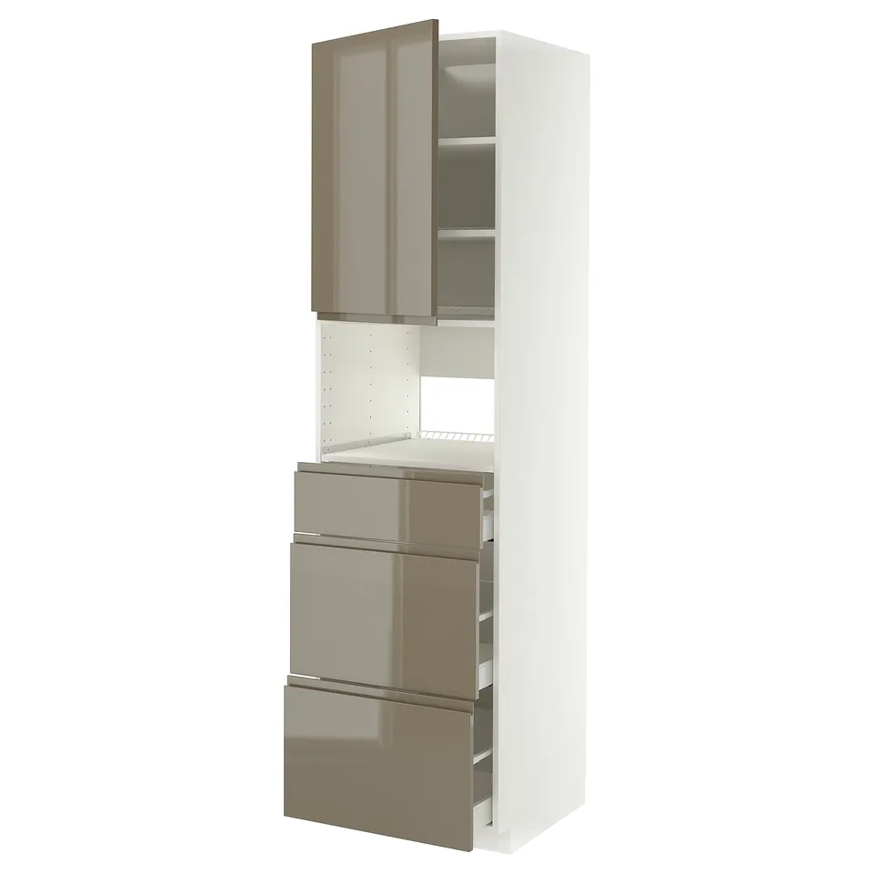 Modern white and grey kitchen unit with glossy drawers and cabinet doors.