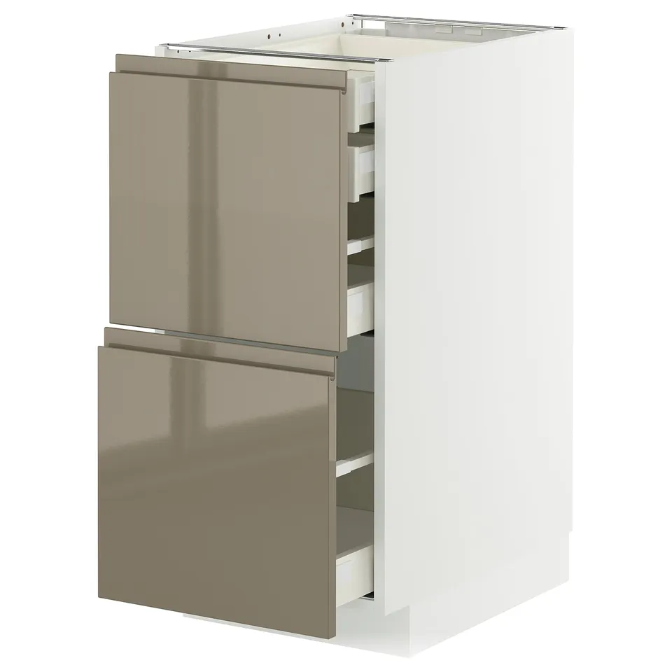 Modern kitchen cabinet, white with dark grey-brown metallic drawers, sleek design, high gloss finish.
