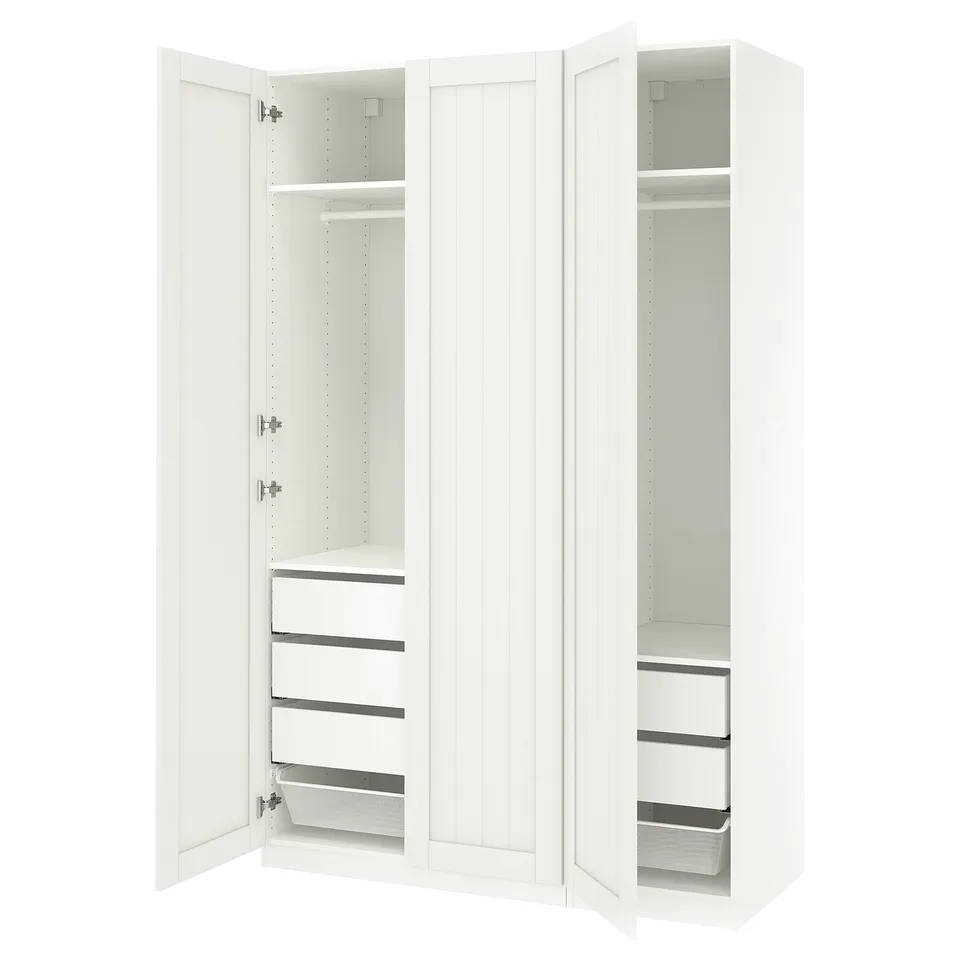 PAX white wardrobe with open doors, displaying storage shelves and drawers.