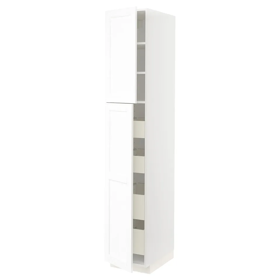 White METOD kitchen cabinet with subtle wood grain, tall and rectangular, featuring snap-on hinges and a smooth finish.