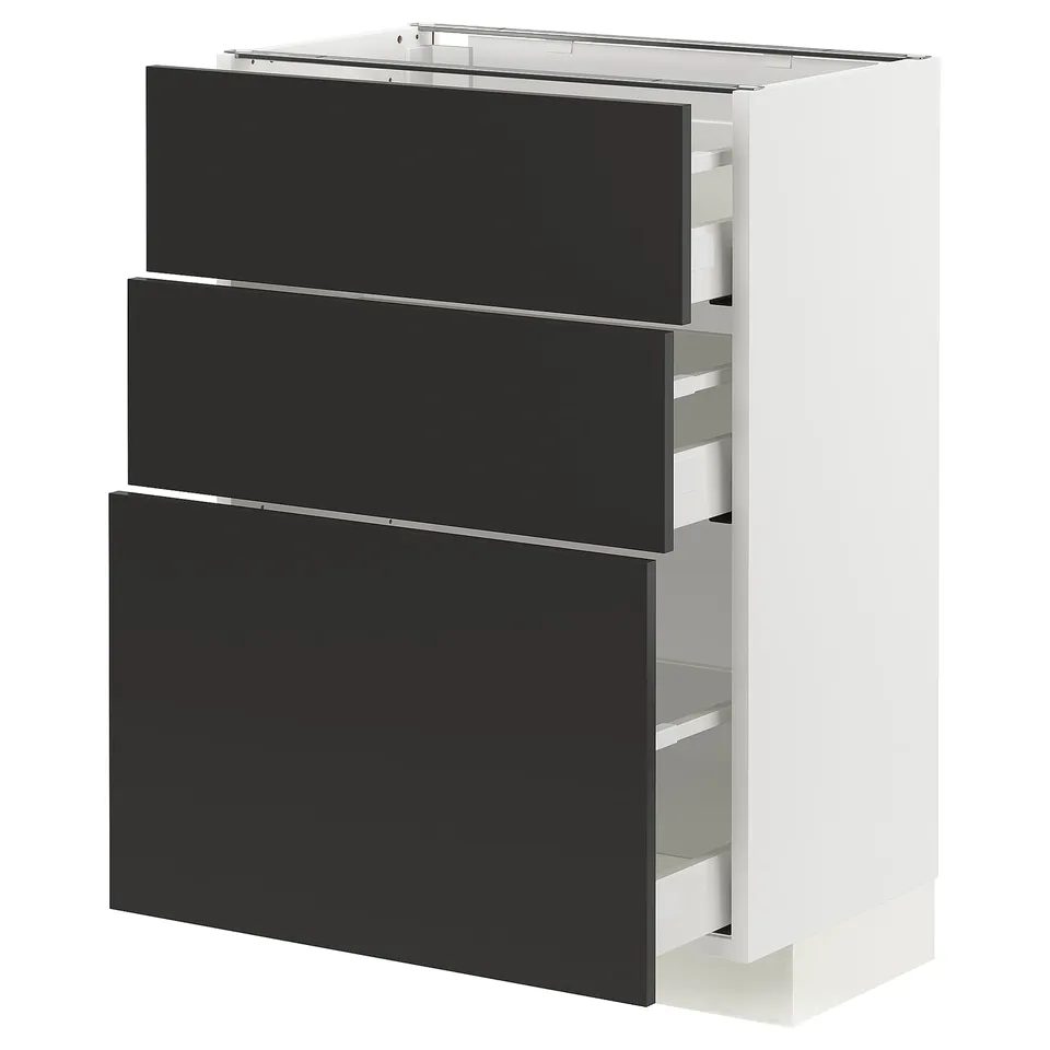 Modern METOD kitchen unit: white cabinet, three black drawers, sleek and minimalist design.