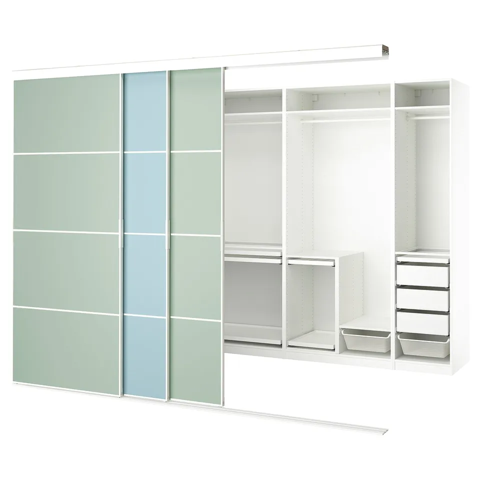 Ikea SKYTTA wardrobe: white customizable sliding closet with light green and blue glass doors, metal and wood interior, 10-year guarantee.