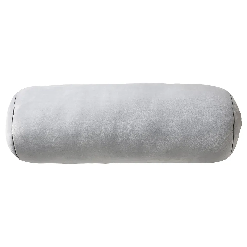 Cylindrical pillow, light grey, smooth fabric, recycled materials.