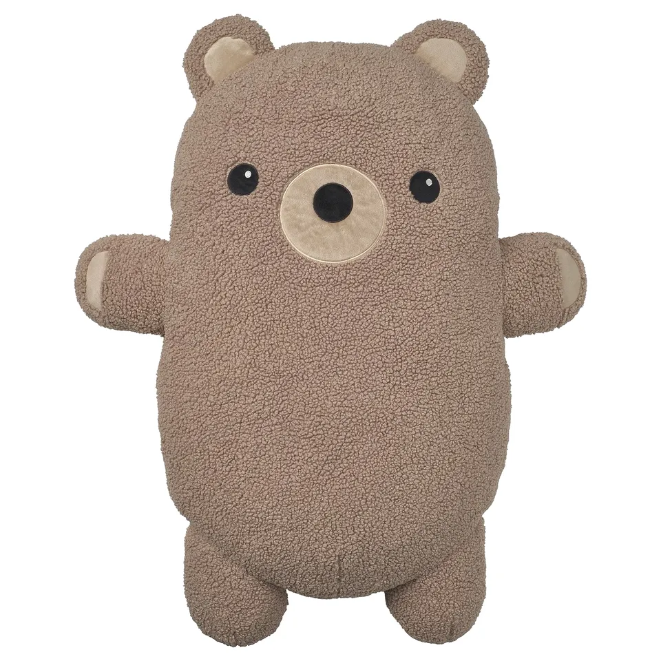 Cute brown bear stuffed animal, made from recycled materials, soft and cuddly, friendly face, rounded ears and paws.