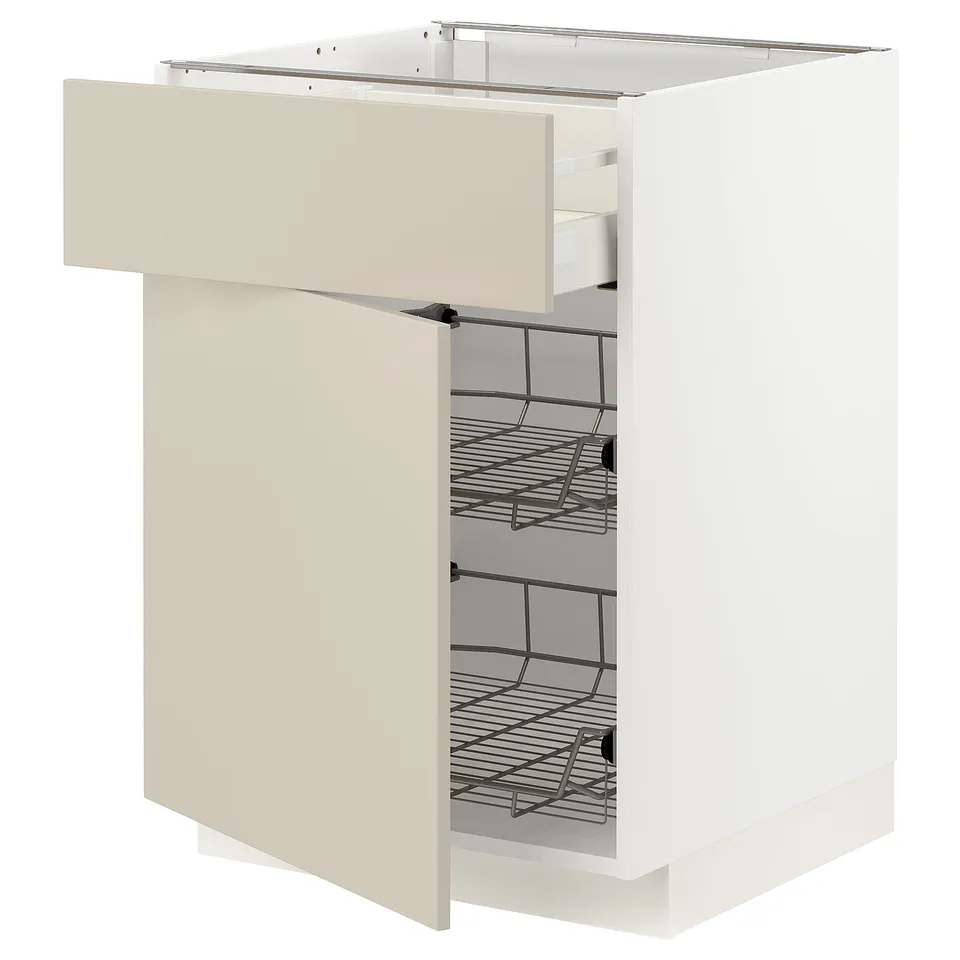 A white METOD kitchen cabinet with beige havstorp drawers and three wire racks.
