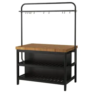 VADHOLMA kitchen island with rack, black/oak, 126x79x193 cm