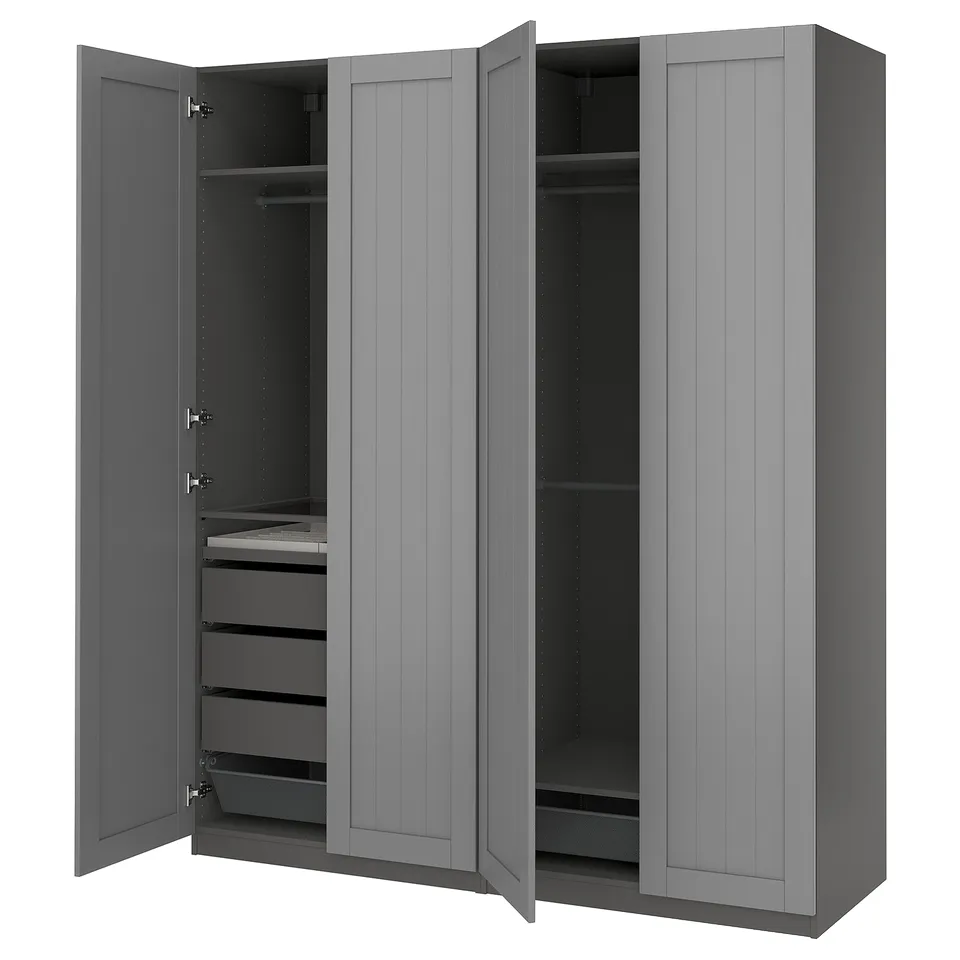 A grey IKEA PAX wardrobe with open doors, revealing shelves and drawers.