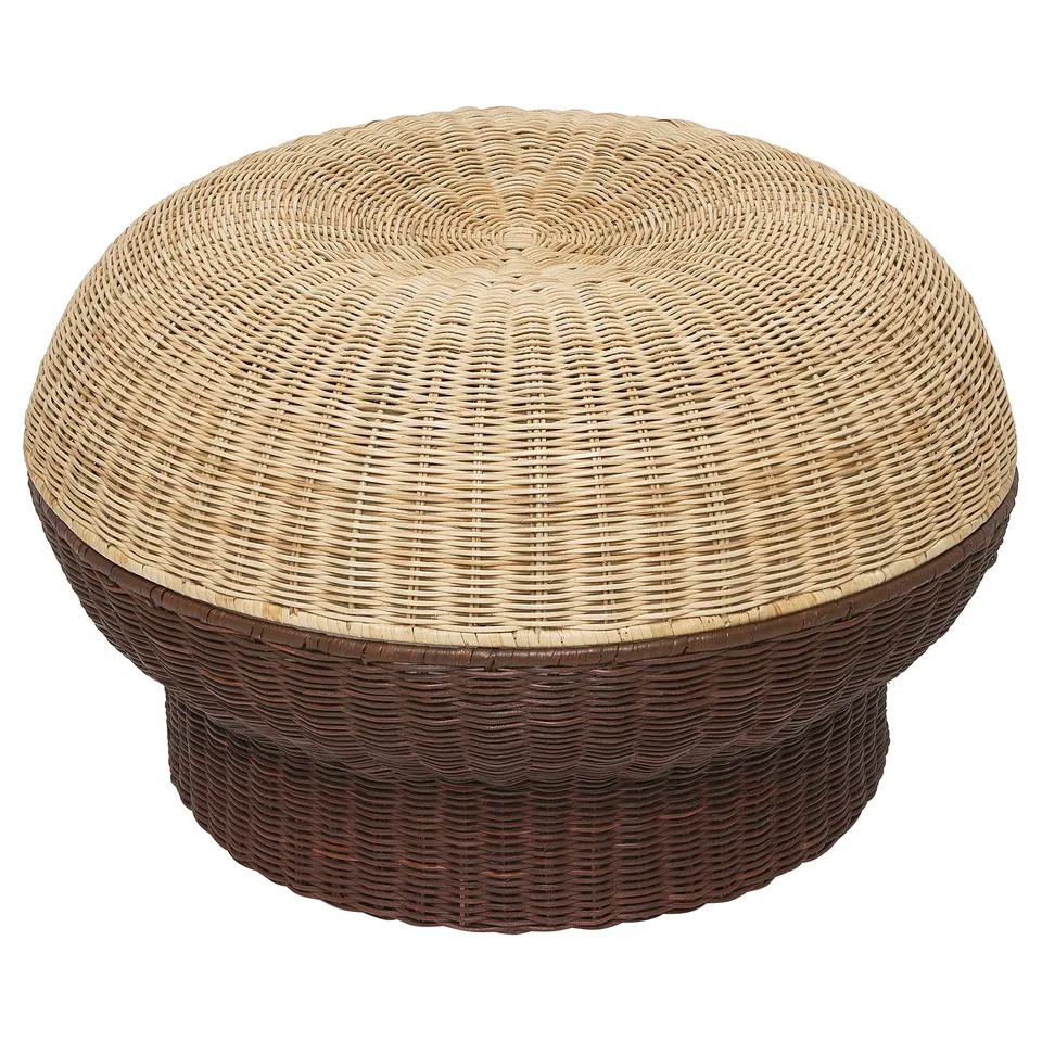 IKEA wicker ottoman, ps 2026, beige, round, woven design.