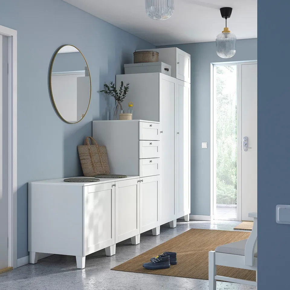 PLATSA Wardrobe with 6 doors+3 drawers, white/Sannidal white, 300x57x231 cm