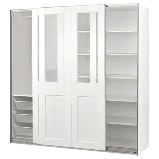 PAX / GRIMO wardrobe with sliding doors, white/clear glass white, 200x66x201 cm