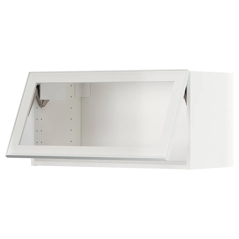 White modern kitchen cabinet with glass door, sleek metal frame, and clean lines.