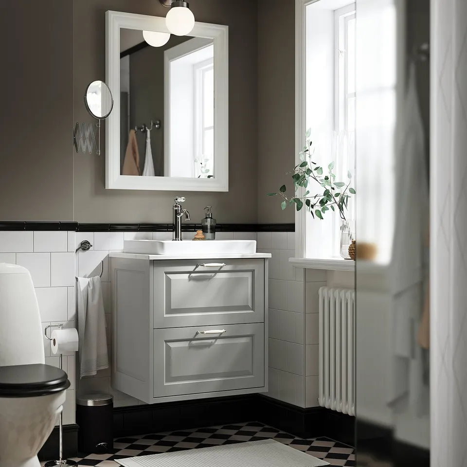 TÄNNFORSEN / ORRSJÖN Wash-stnd w drawers/wash-basin, light grey/white marble effect, 62x49x71 cm