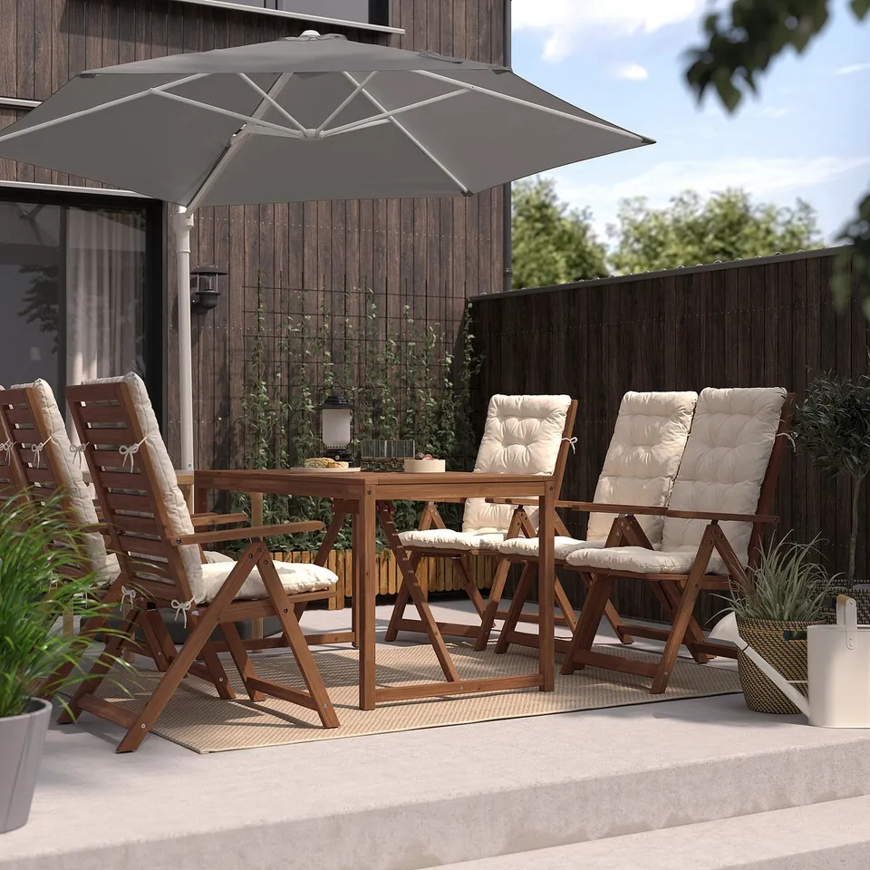 Backyard patio with HÖGÖN grey umbrella, wooden table, and four chairs with cushions. Umbrella dominates scene, providing shade.