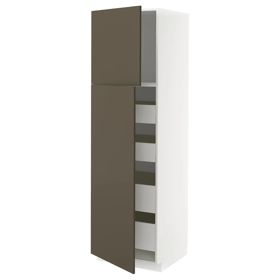 A tall white kitchen cabinet with brown and beige door. The design includes adjustable shelves and silver handles.