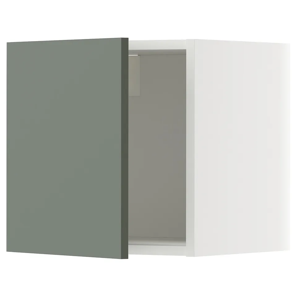 A METOD kitchen cabinet with a greenish-gray door and a white frame.