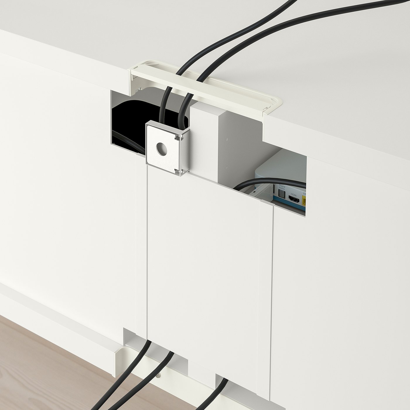 Modern tv bench with cable management and push-open drawers.