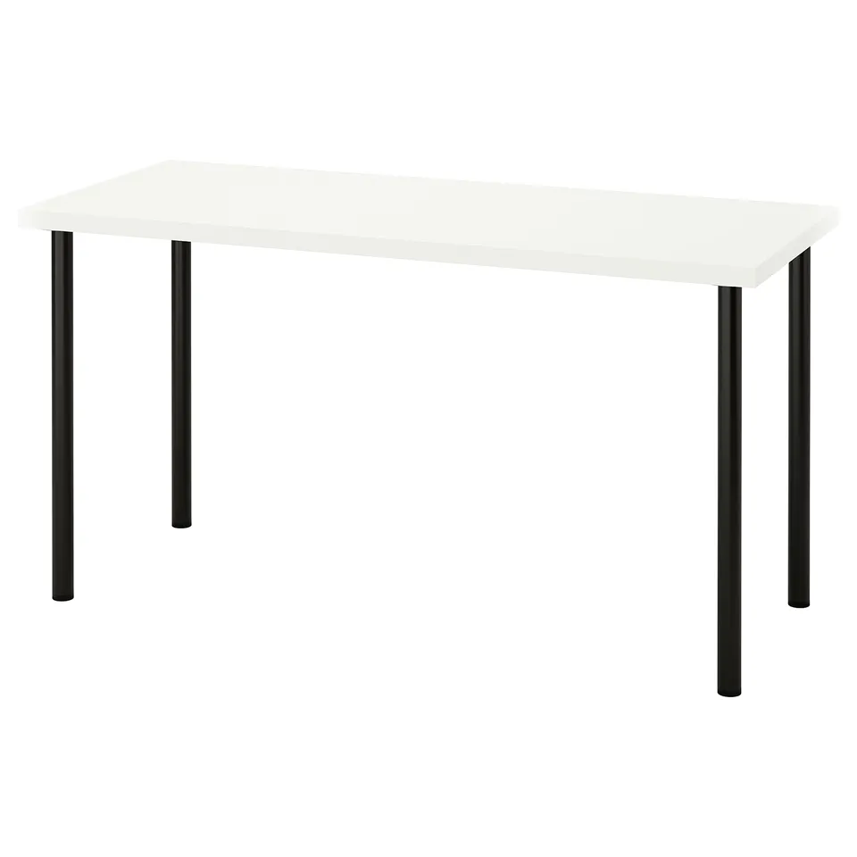 LAGKAPTEN: modern white desk, rectangular shape, four black metal legs. Minimalist, clean design.