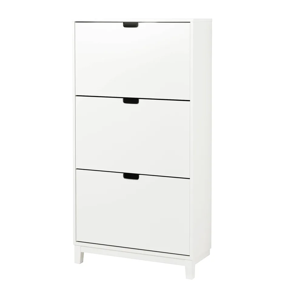 An ikea STÄLL white shoe cabinet with three sections for storage. It sleek handles and a modern design for efficient space use.