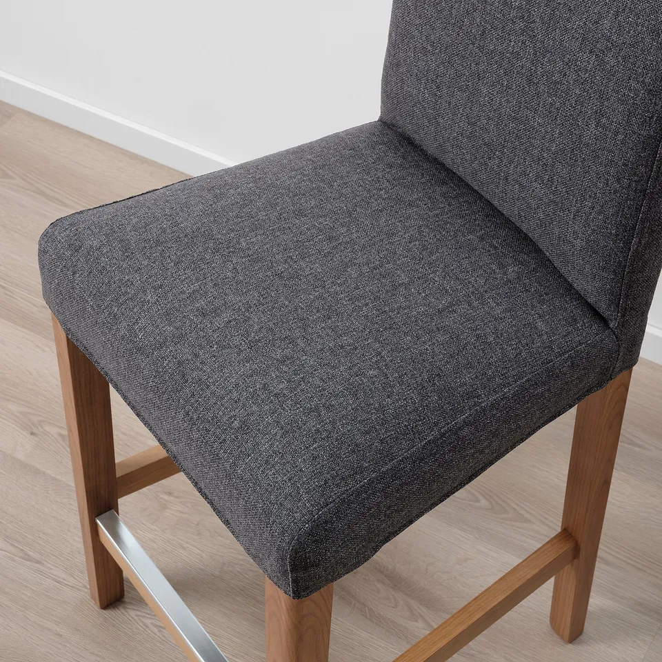 BERGMUND Bar stool with backrest, counter height oak effect/Gunnared medium grey, 62 cm