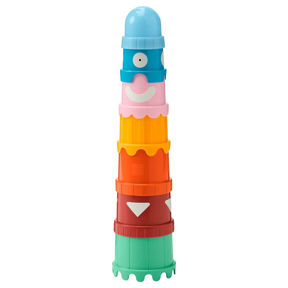 UPPSTÅ toy set: six colourful stacked cups, blue top, shapes, patterns, plastic.