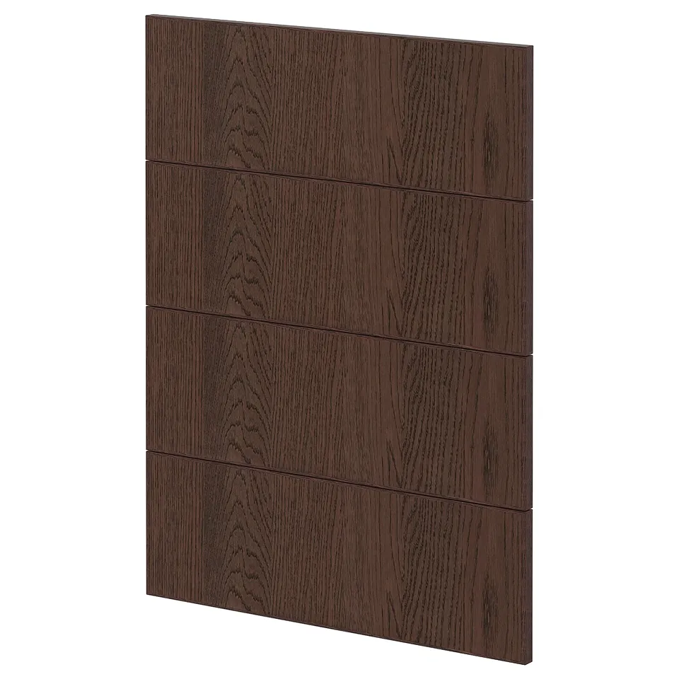 Dark brown diy cabinet front made of oak veneer and solid wood trim.