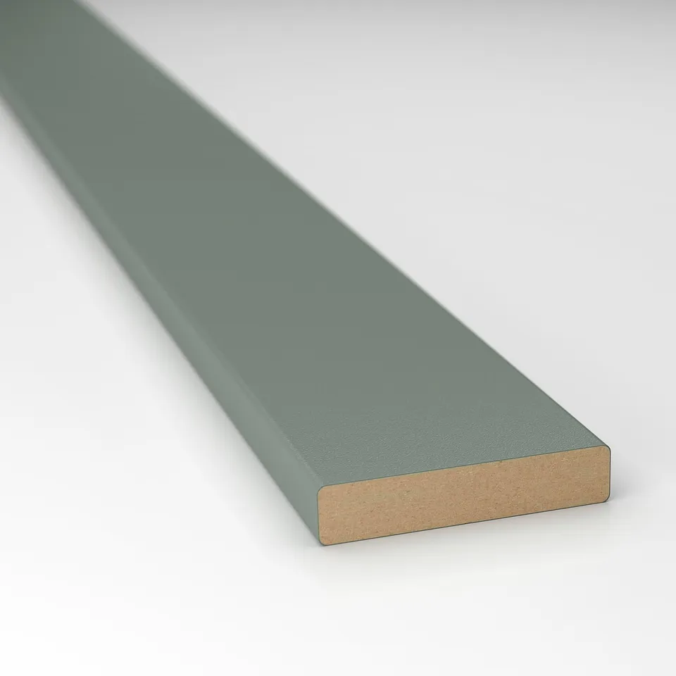 Grey-green kitchen trim with smooth, recycled plastic finish.