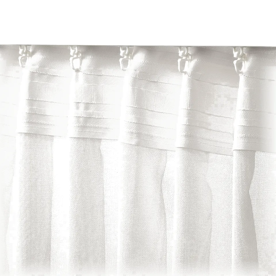 Image shows white sheer curtains with tabs hanging, letting light through but offering privacy.