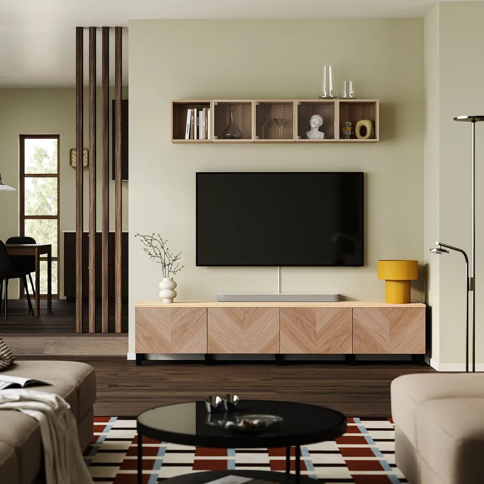 BESTÅ TV bench with doors, black-brown/Hedeviken/Stubbarp oak veneer, 240x42x50 cm