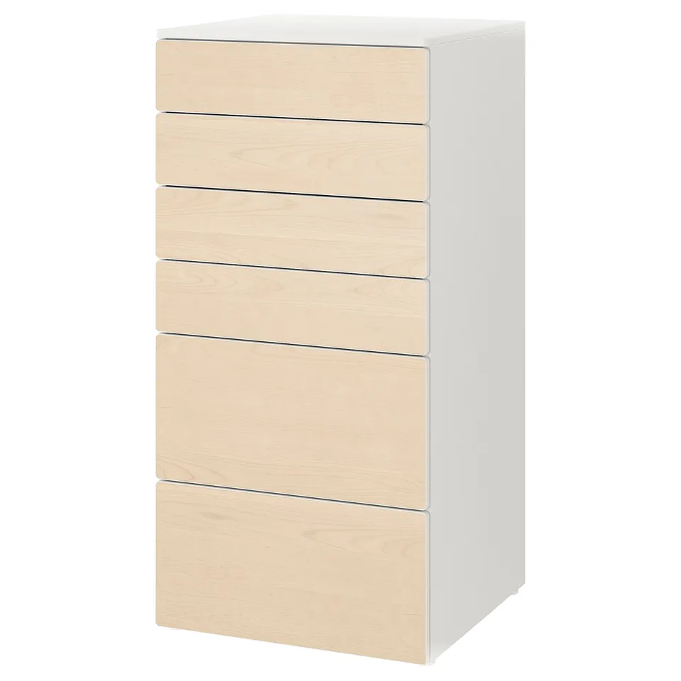 A white ikea SMÅSTAD chest with six light wooden drawers, designed for baby or childs clothes storage.