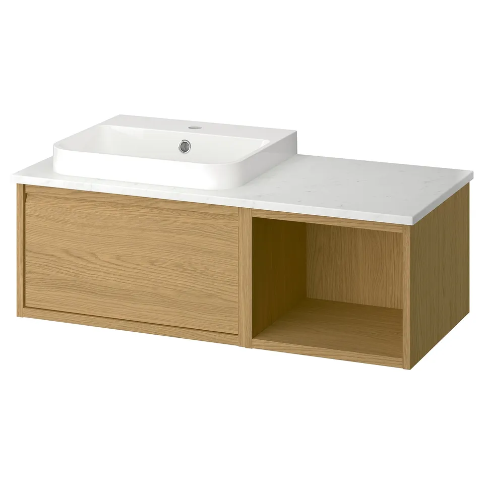 ÄNGSJÖN bathroom vanity: white marble top, oak base, modern floating style with open shelf.