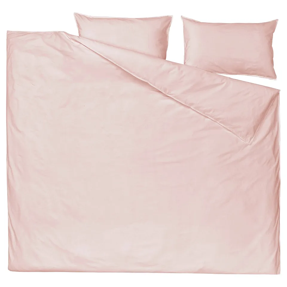 Blush pink bedding set, soft cotton, rectangular, minimalist style.