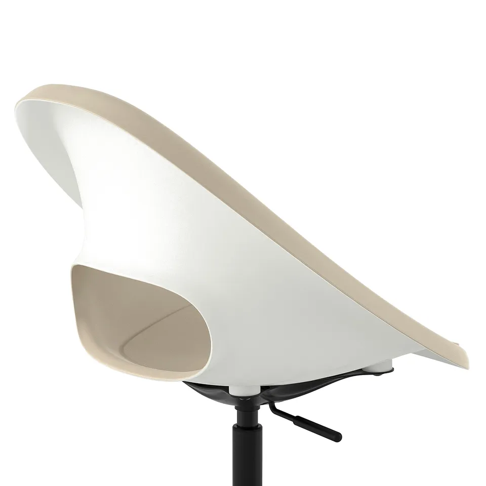 Modern white desk chair with sleek, curved back and adjustable height, designed for comfort and support.