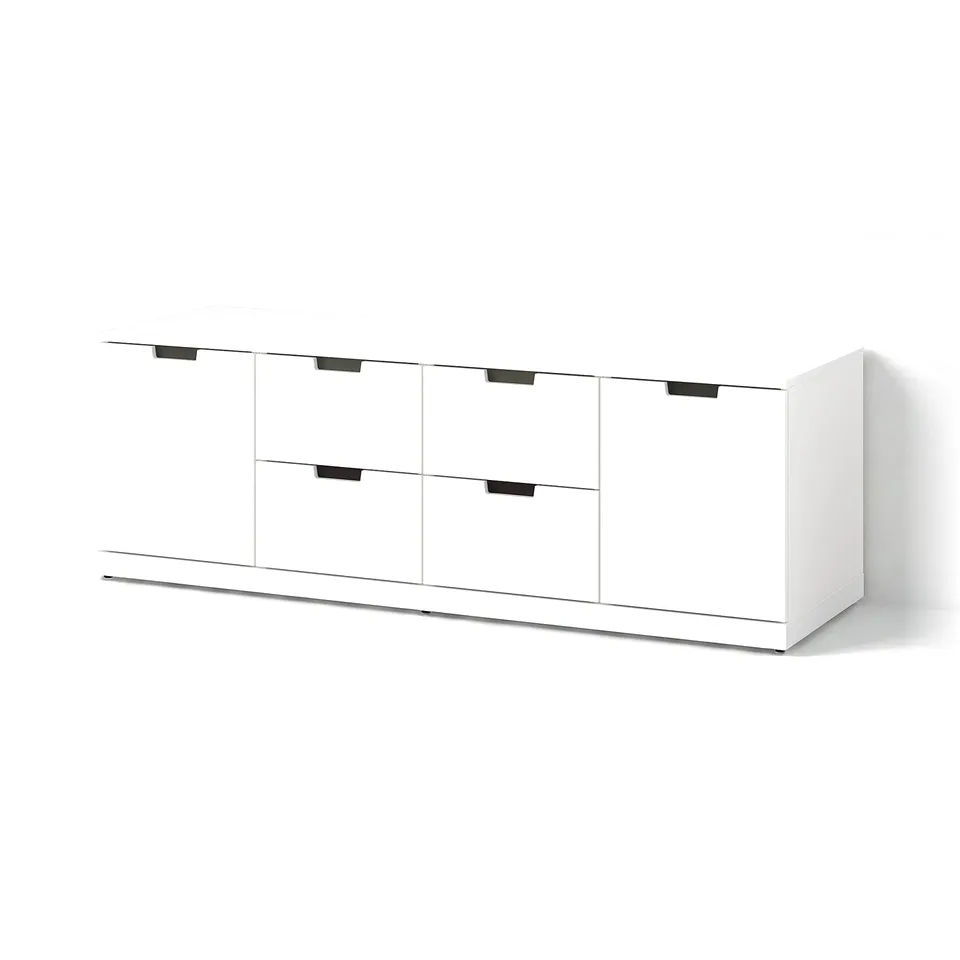 White NORDLI chest, modern, rectangular, six drawers with black handles.