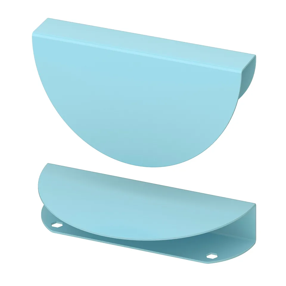 Two light blue BEGRIPA handles, semi-circular, smooth & rounded, shown from different angles.