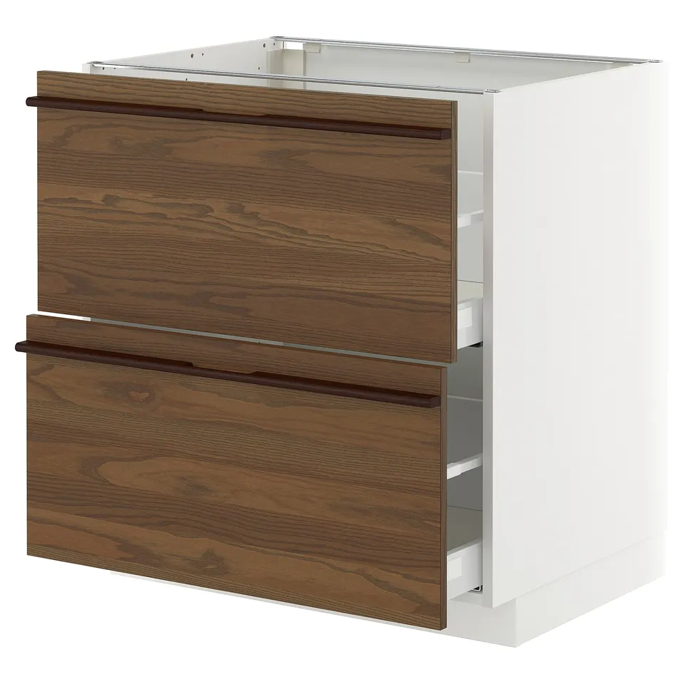 A white and dark brown kitchen cabinet with wooden handles and two drawers.