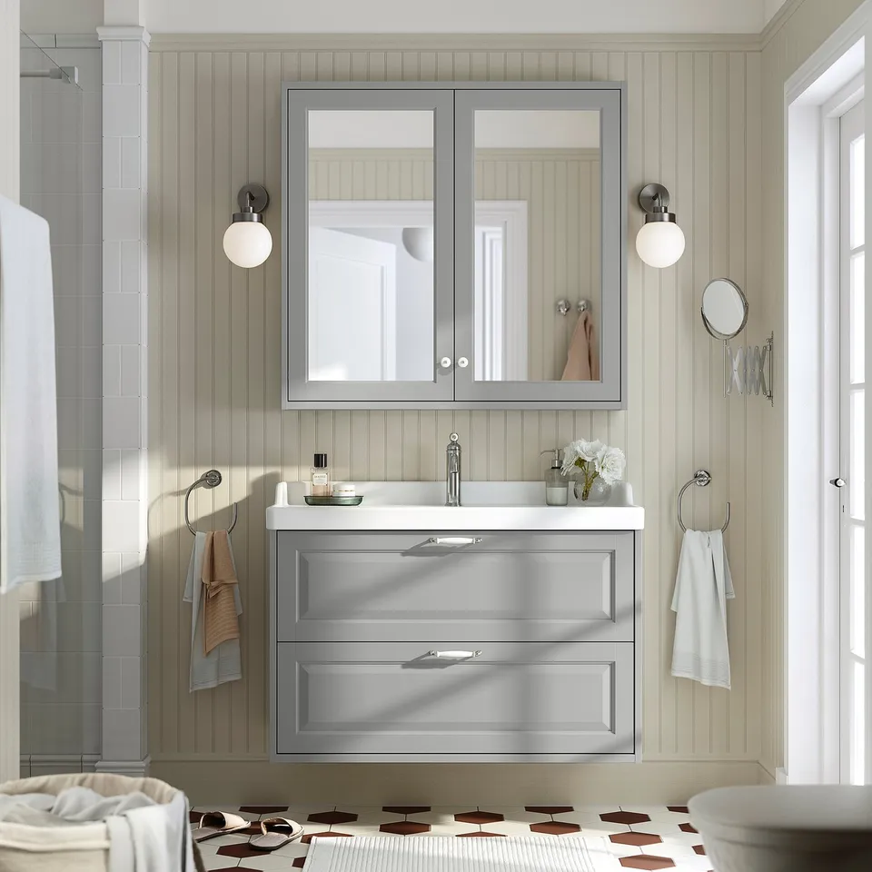 TÄNNFORSEN / RUTSJÖN Wash-stnd w drawers/wash-basin, light grey, 102x49x74 cm